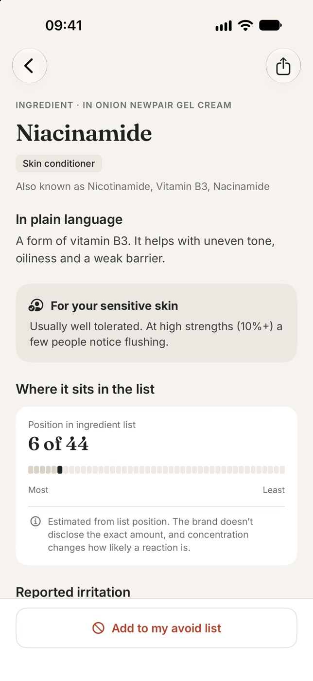 Petal's ingredient page for niacinamide: in plain language, a note for sensitive skin, and its position, 6 of 44, in the ingredient list.