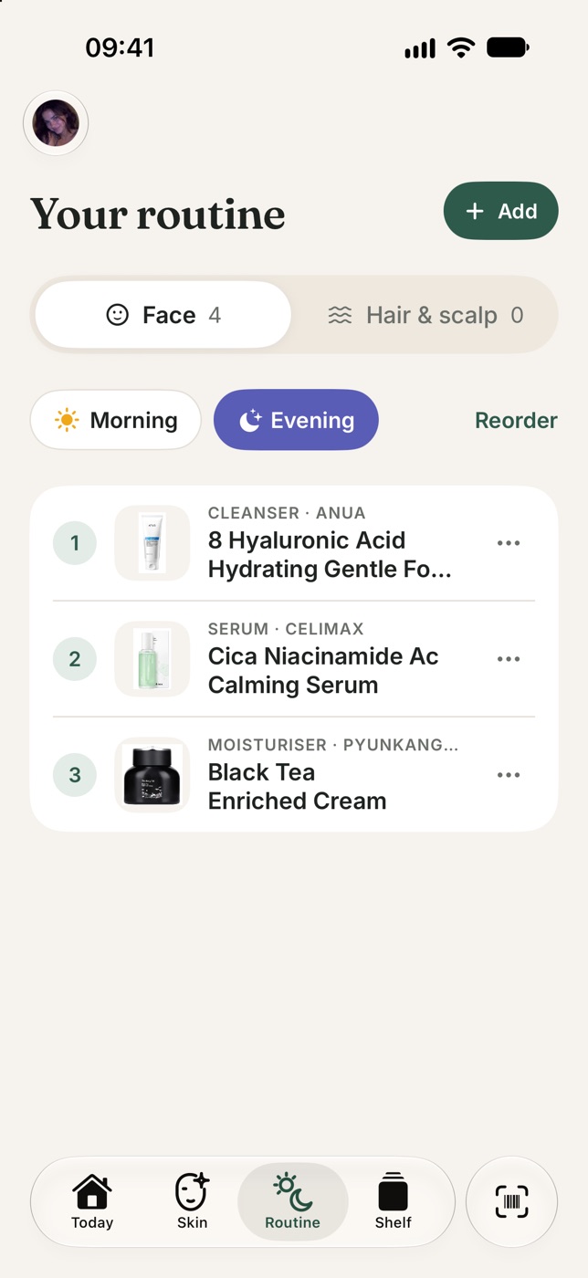 Petal's Routine tab with Evening selected in indigo: three numbered steps, an Anua cleanser, a Celimax niacinamide serum and a Pyunkang Yul moisturiser.